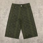 Custom Men's Straight Green Snake Jeans Shorts With Digital Printing