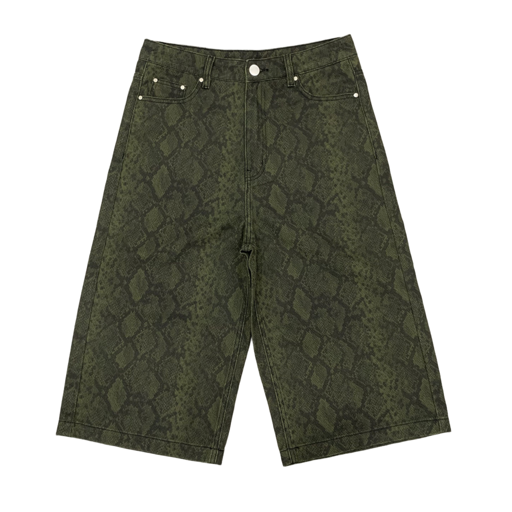 Custom Men's Straight Green Snake Jeans Shorts With Digital Printing
