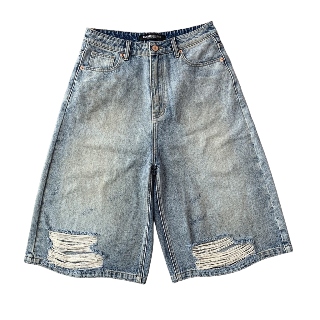 Custom Men's Blue Baggy Distressed Vintage Jeans Shorts With Dirty Washed