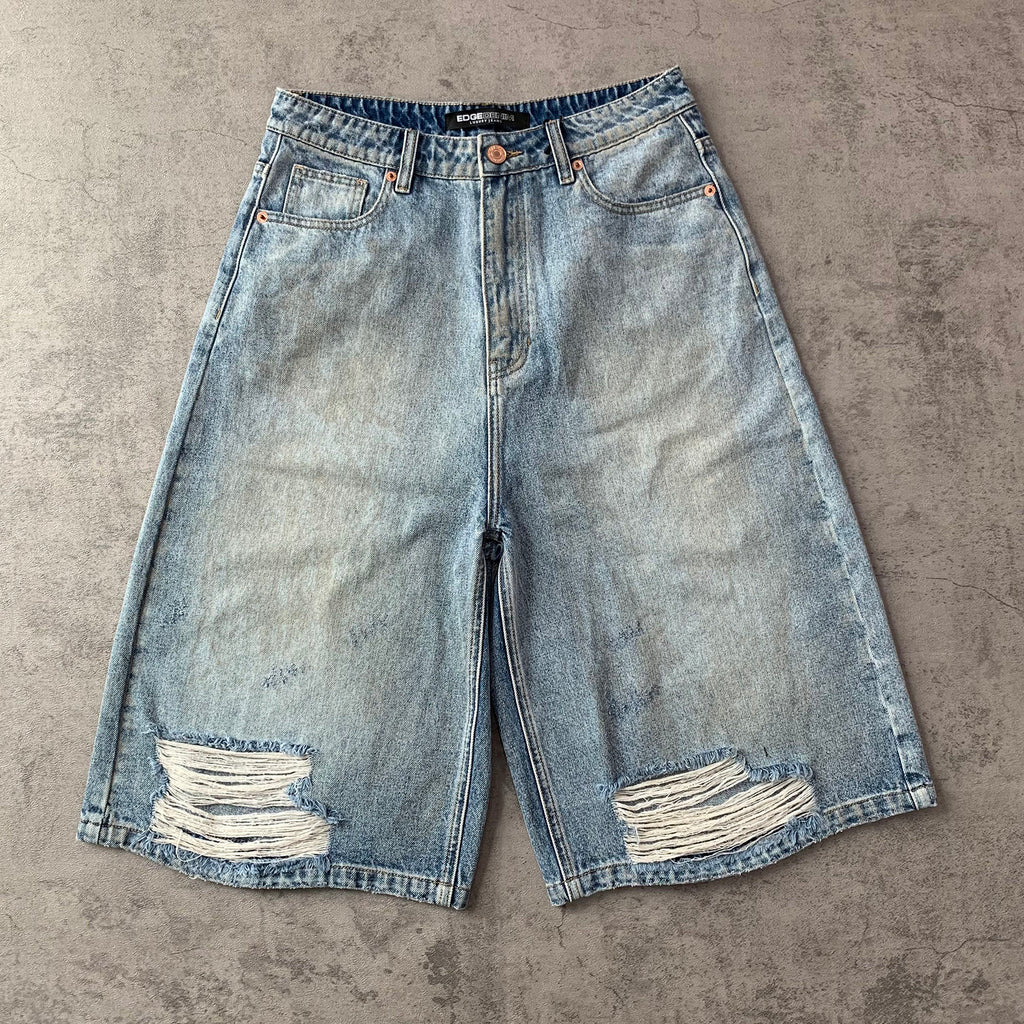 Custom Men's Blue Baggy Distressed Vintage Jeans Shorts With Dirty Washed