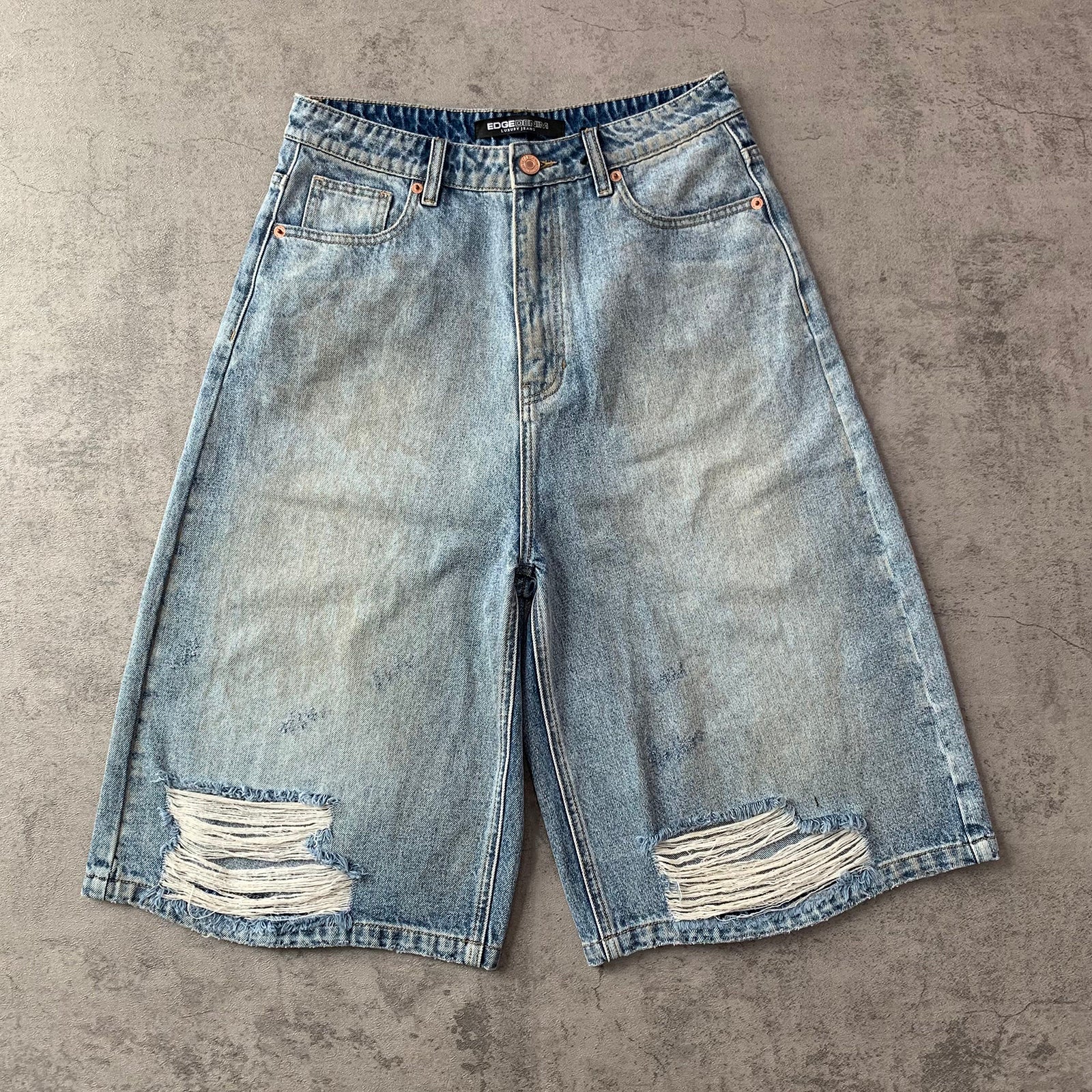 Custom Men's Blue Baggy Distressed Vintage Jeans Shorts With Dirty Washed