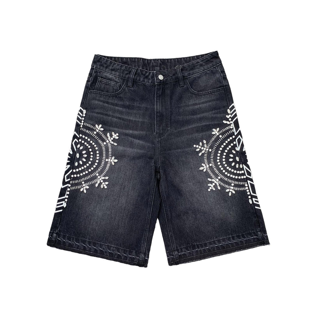Custom Men's Black Rhinestone Raw Hem Jeans Shorts