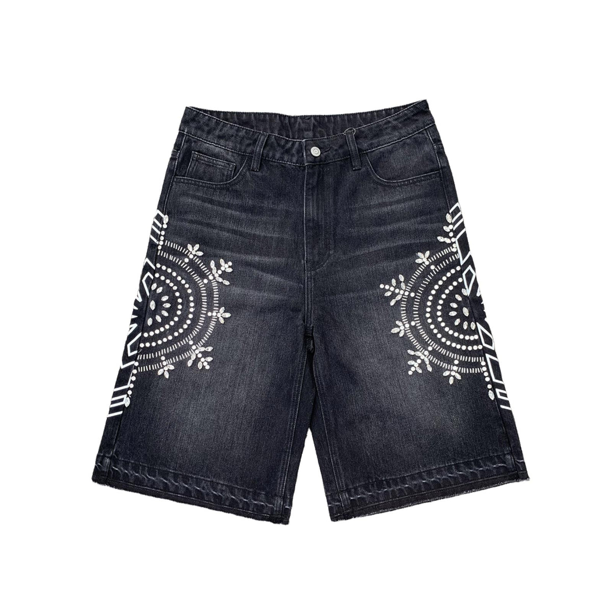 Custom Men's Black Rhinestone Raw Hem Jeans Shorts
