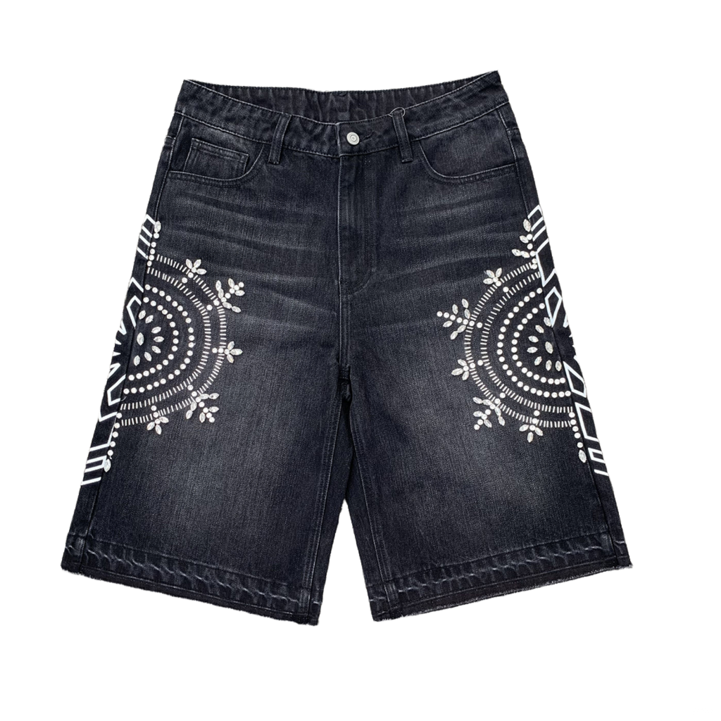 Custom Men's Black Rhinestone Raw Hem Jeans Shorts
