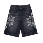 Custom Men's Black Rhinestone Raw Hem Jeans Shorts