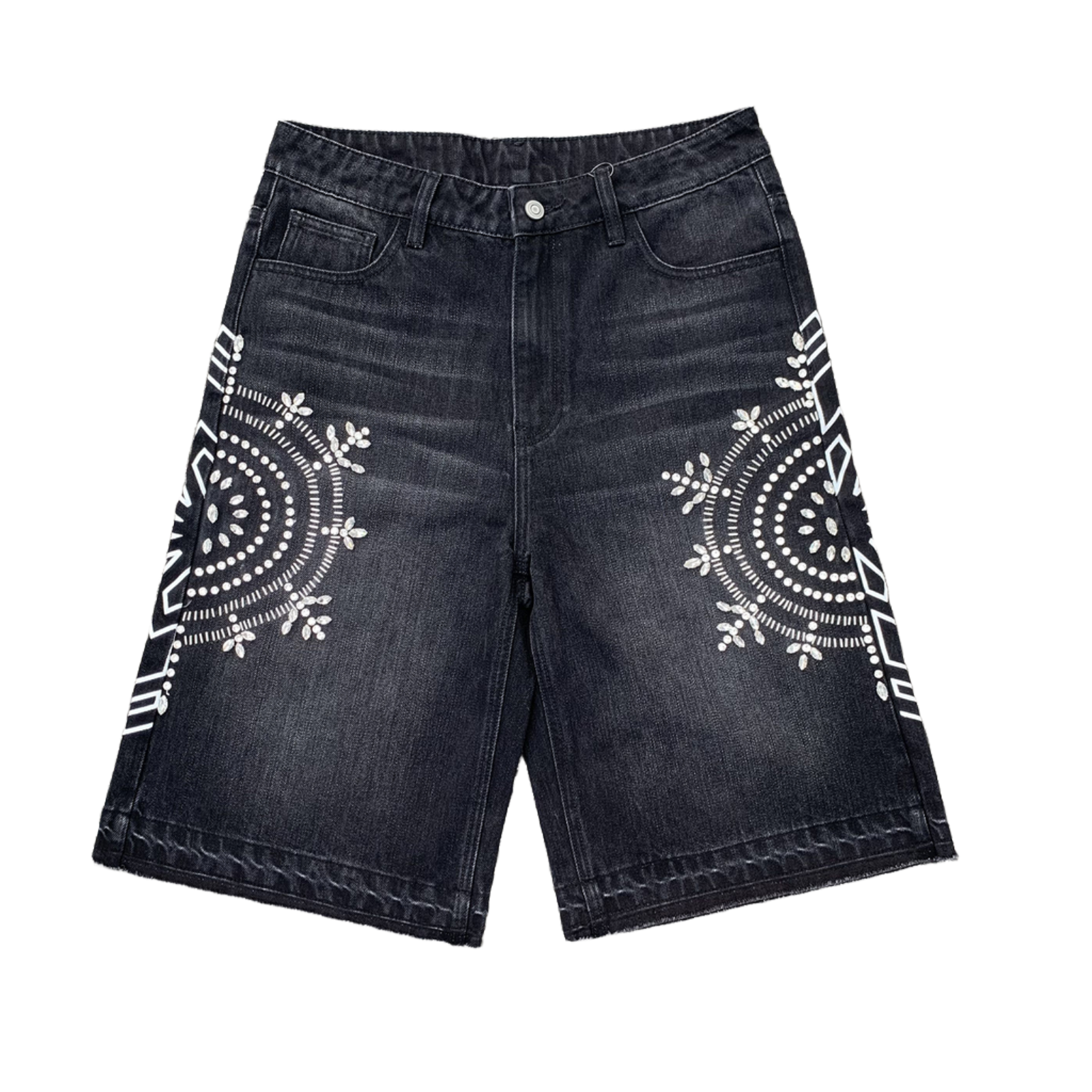 Custom Men's Black Rhinestone Raw Hem Jeans Shorts