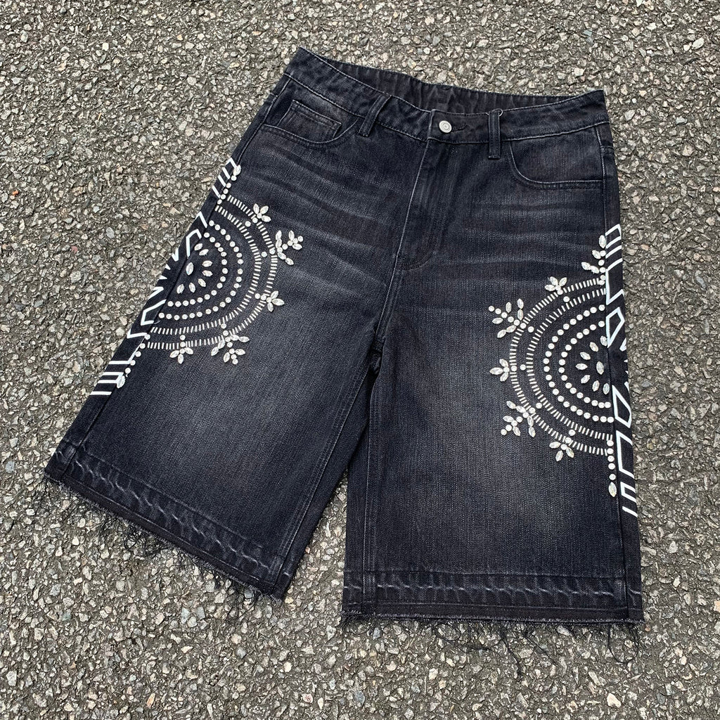 Custom Men's Black Rhinestone Raw Hem Jeans Shorts