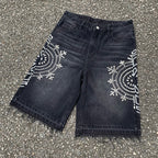 Custom Men's Black Rhinestone Raw Hem Jeans Shorts