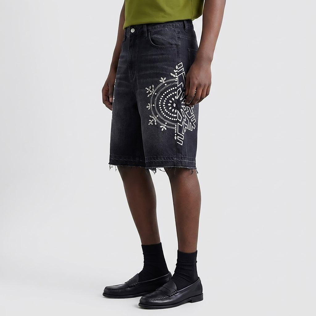 Custom Men's Black Rhinestone Raw Hem Jeans Shorts