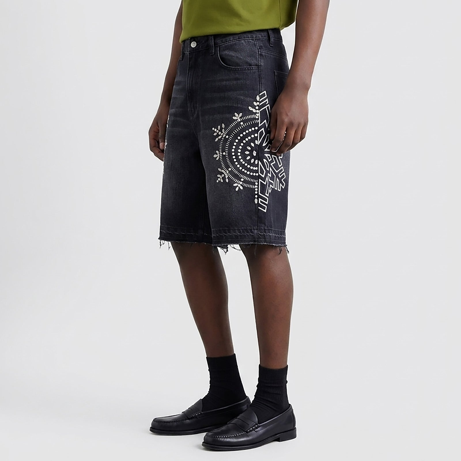 Custom Men's Black Rhinestone Raw Hem Jeans Shorts