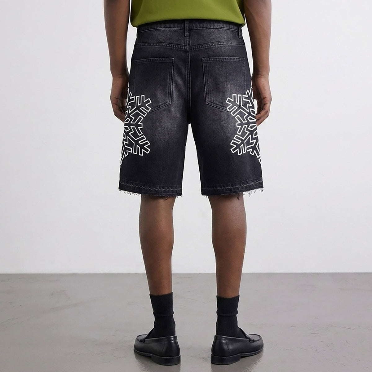 Custom Men's Black Rhinestone Raw Hem Jeans Shorts