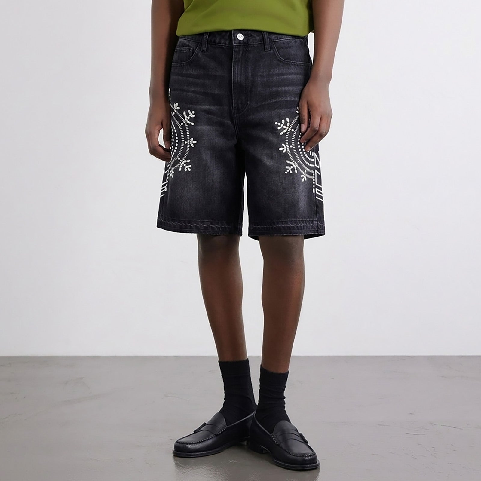 Custom Men's Black Rhinestone Raw Hem Jeans Shorts