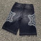 Custom Men's Black Rhinestone Raw Hem Jeans Shorts