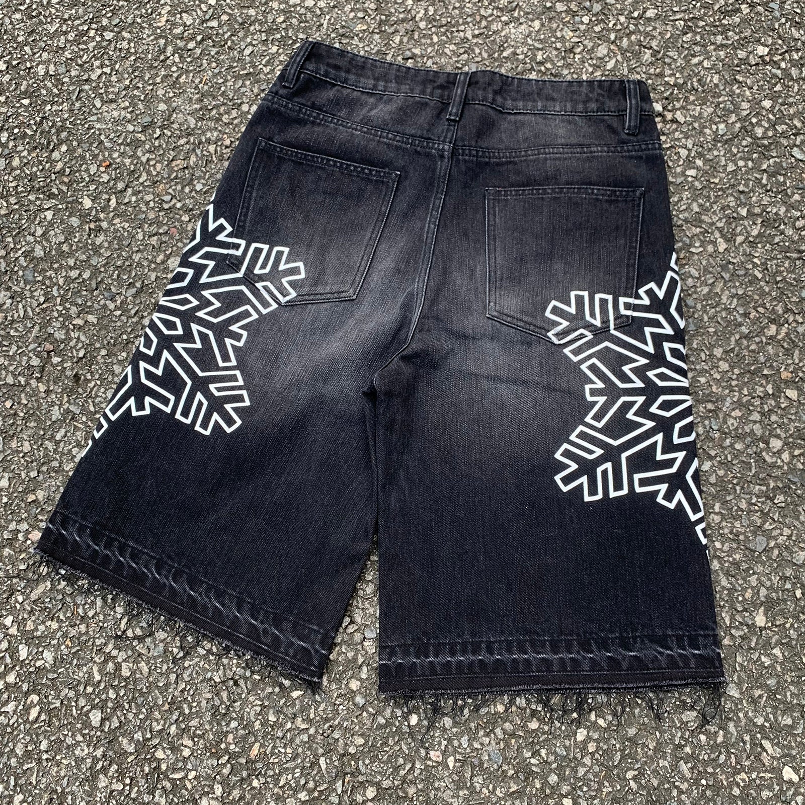 Custom Men's Black Rhinestone Raw Hem Jeans Shorts
