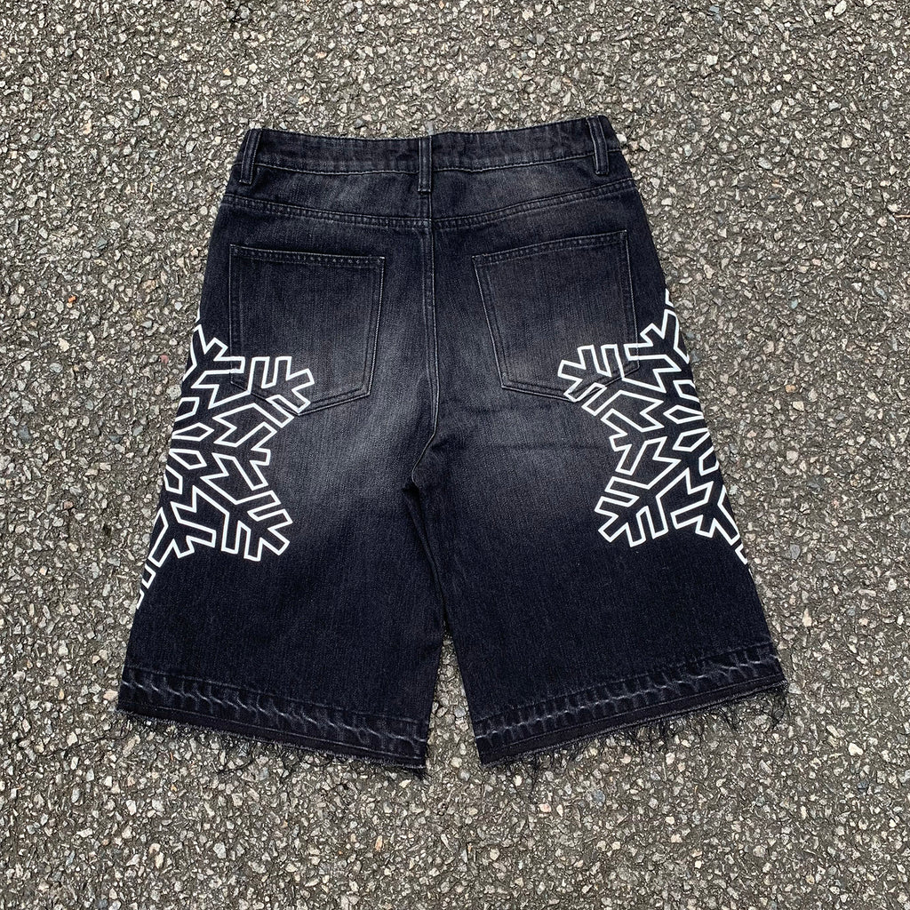 Custom Men's Black Rhinestone Raw Hem Jeans Shorts