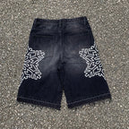 Custom Men's Black Rhinestone Raw Hem Jeans Shorts