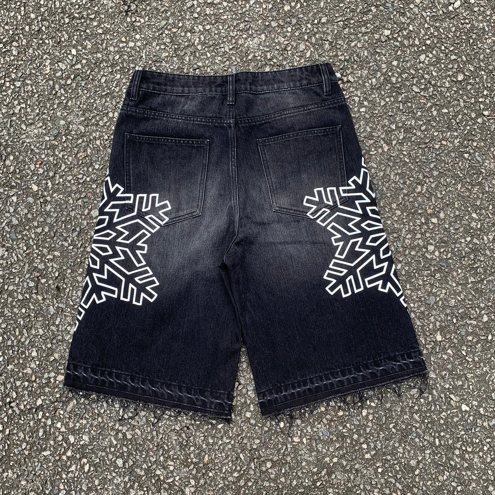 Custom Men's Black Rhinestone Raw Hem Jeans Shorts