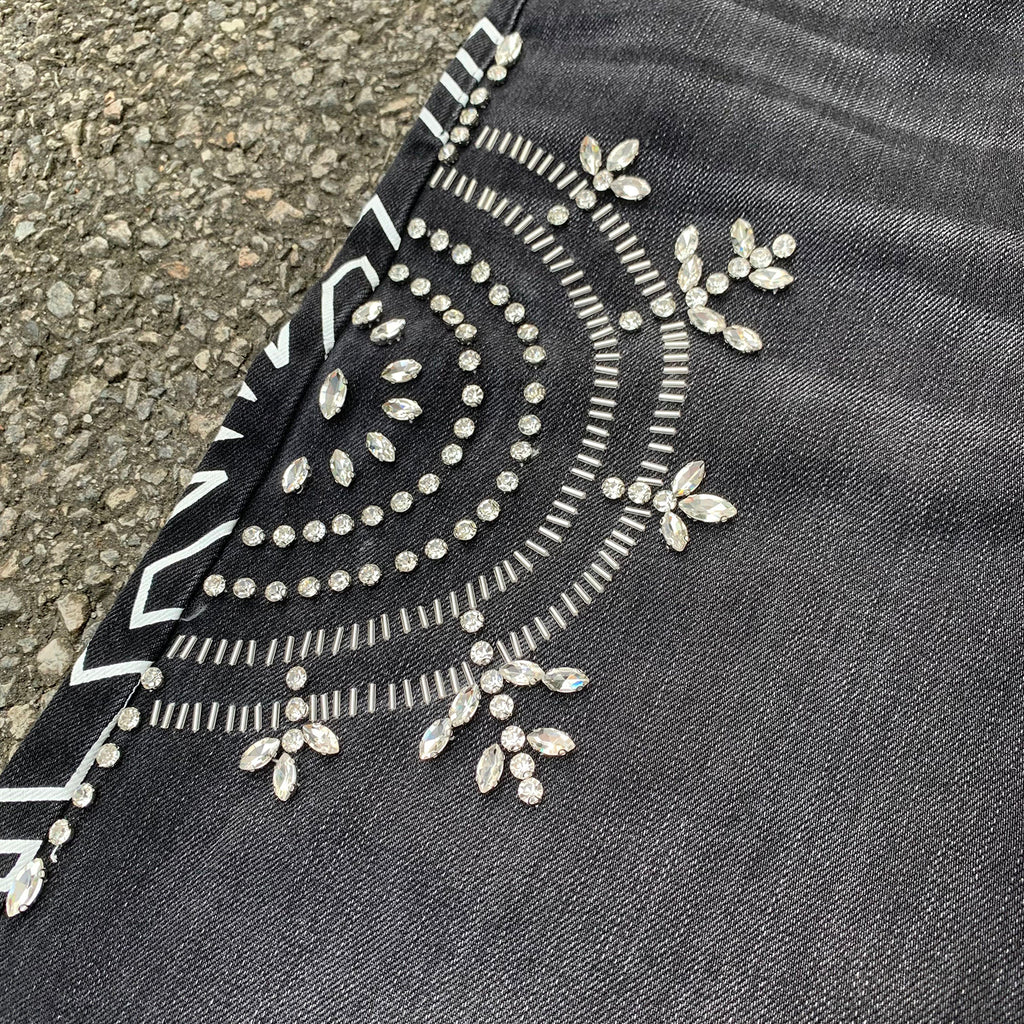 Custom Men's Black Rhinestone Raw Hem Jeans Shorts
