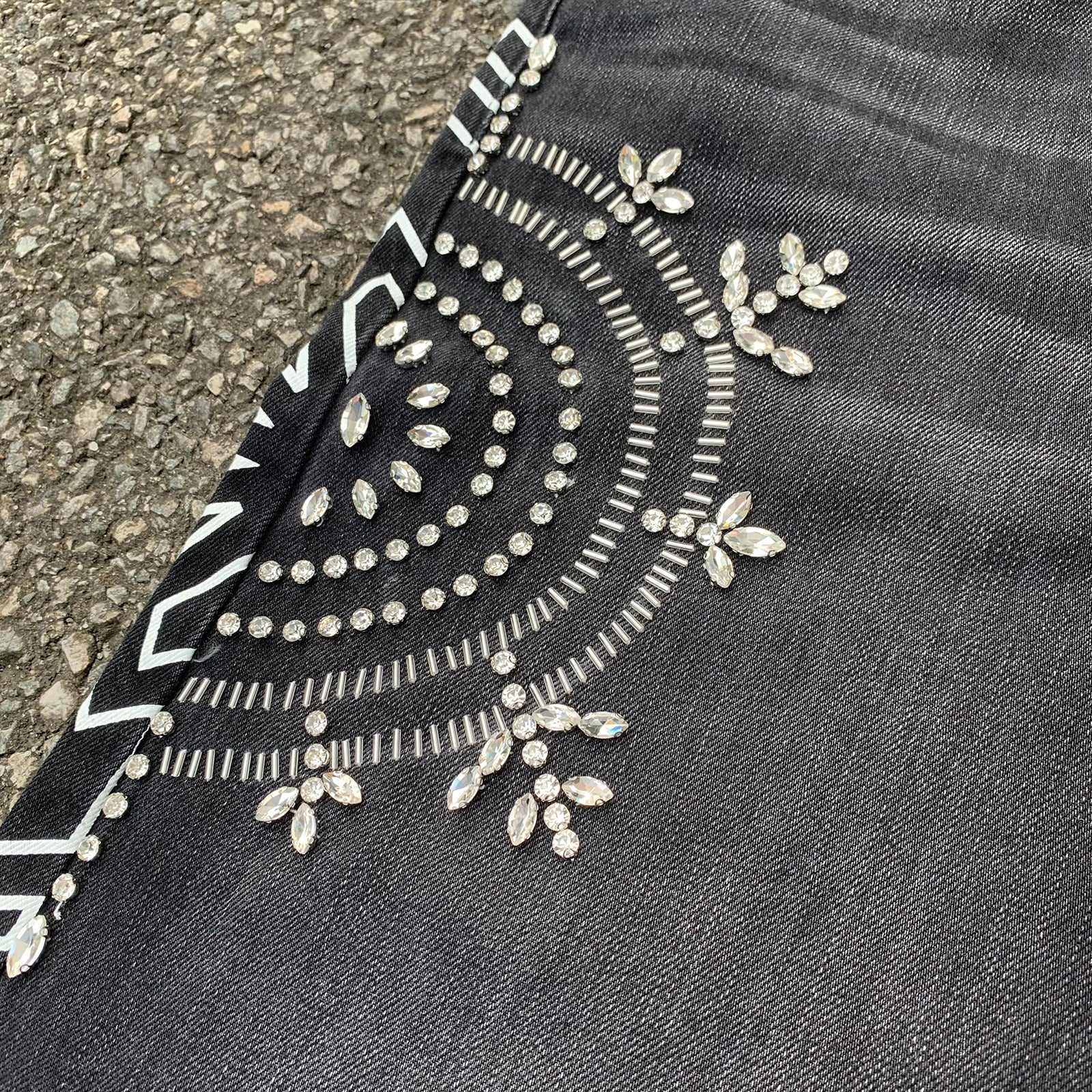 Custom Men's Black Rhinestone Raw Hem Jeans Shorts