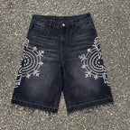 Custom Men's Black Rhinestone Raw Hem Jeans Shorts