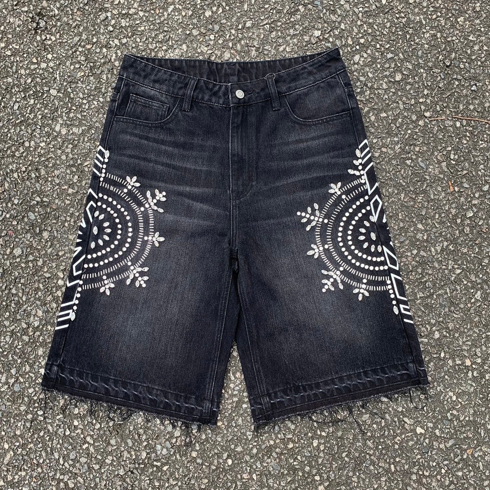 Custom Men's Black Rhinestone Raw Hem Jeans Shorts