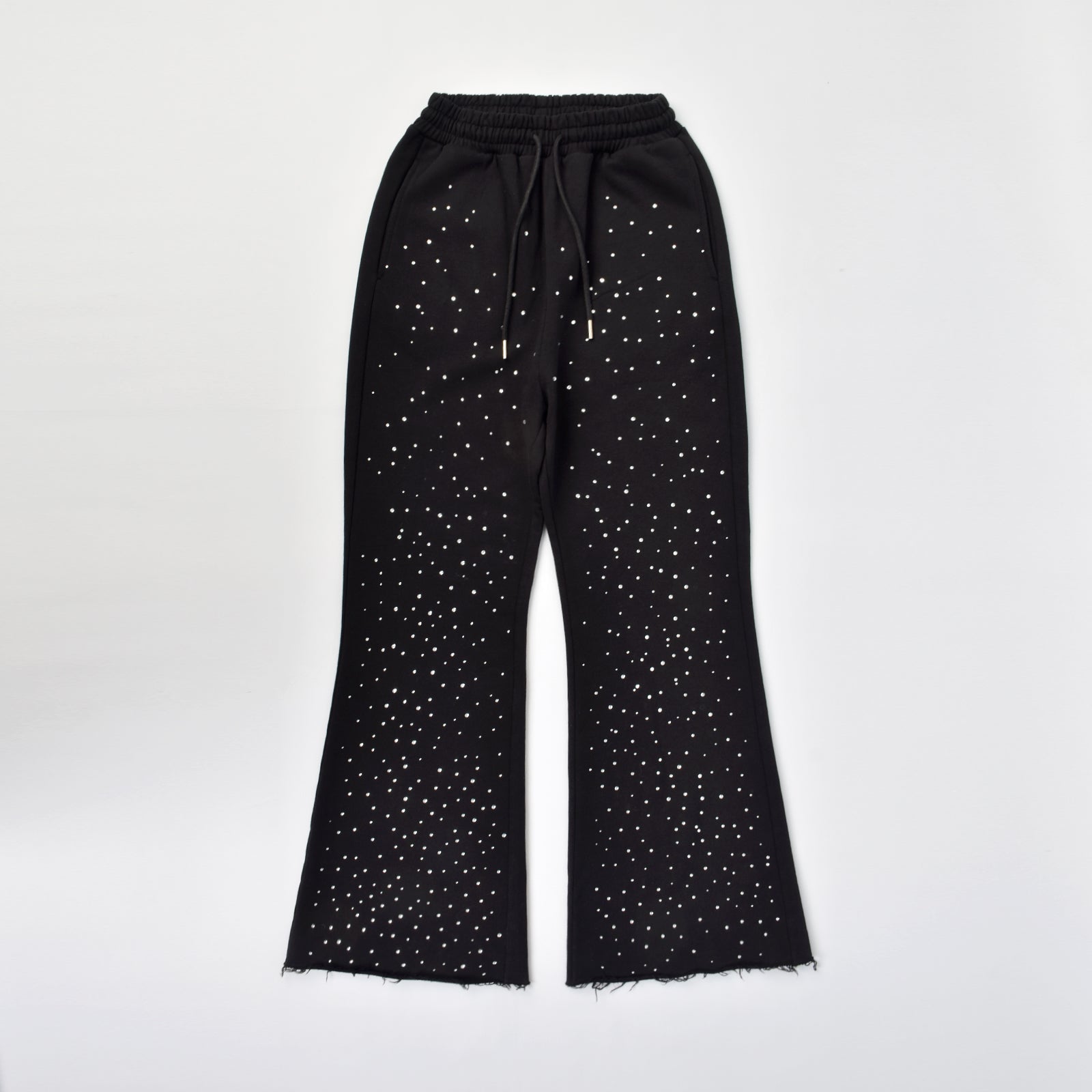 Custom Men's Black Flared Raw Hem Sweatpants With Over All Rhinestone