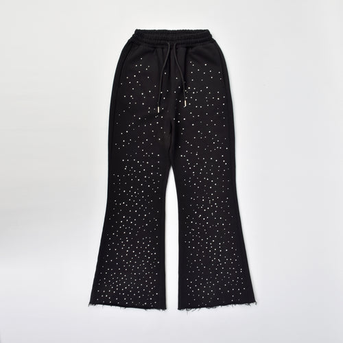 Custom Men's Black Flared Raw Hem Sweatpants With Over All Rhinestone