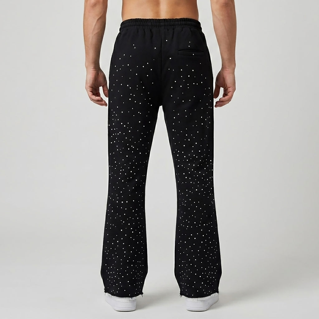 Custom Men's Black Flared Raw Hem Sweatpants With Over All Rhinestone