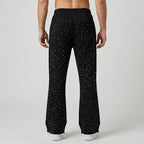 Custom Men's Black Flared Raw Hem Sweatpants With Over All Rhinestone