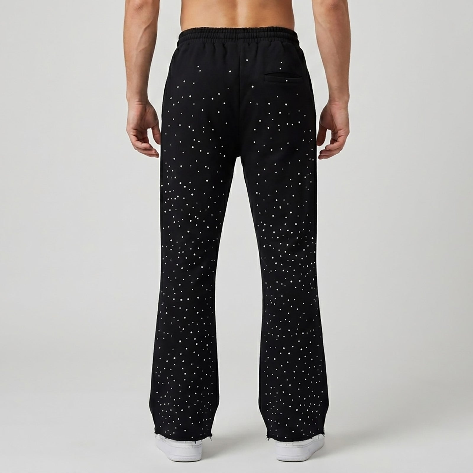 Custom Men's Black Flared Raw Hem Sweatpants With Over All Rhinestone