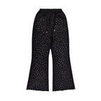 Custom Men's Black Flared Raw Hem Sweatpants With Over All Rhinestone