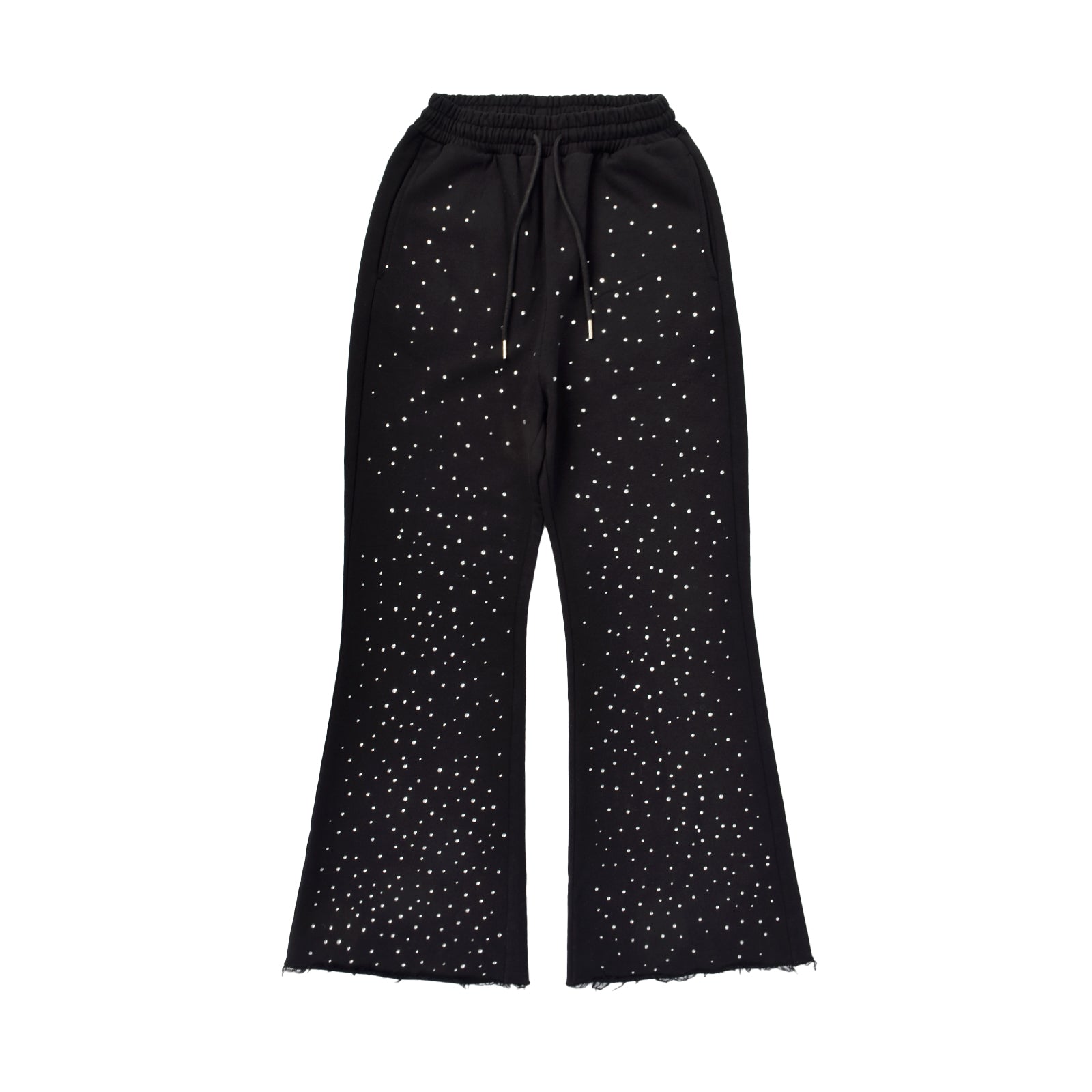 Custom Men's Black Flared Raw Hem Sweatpants With Over All Rhinestone
