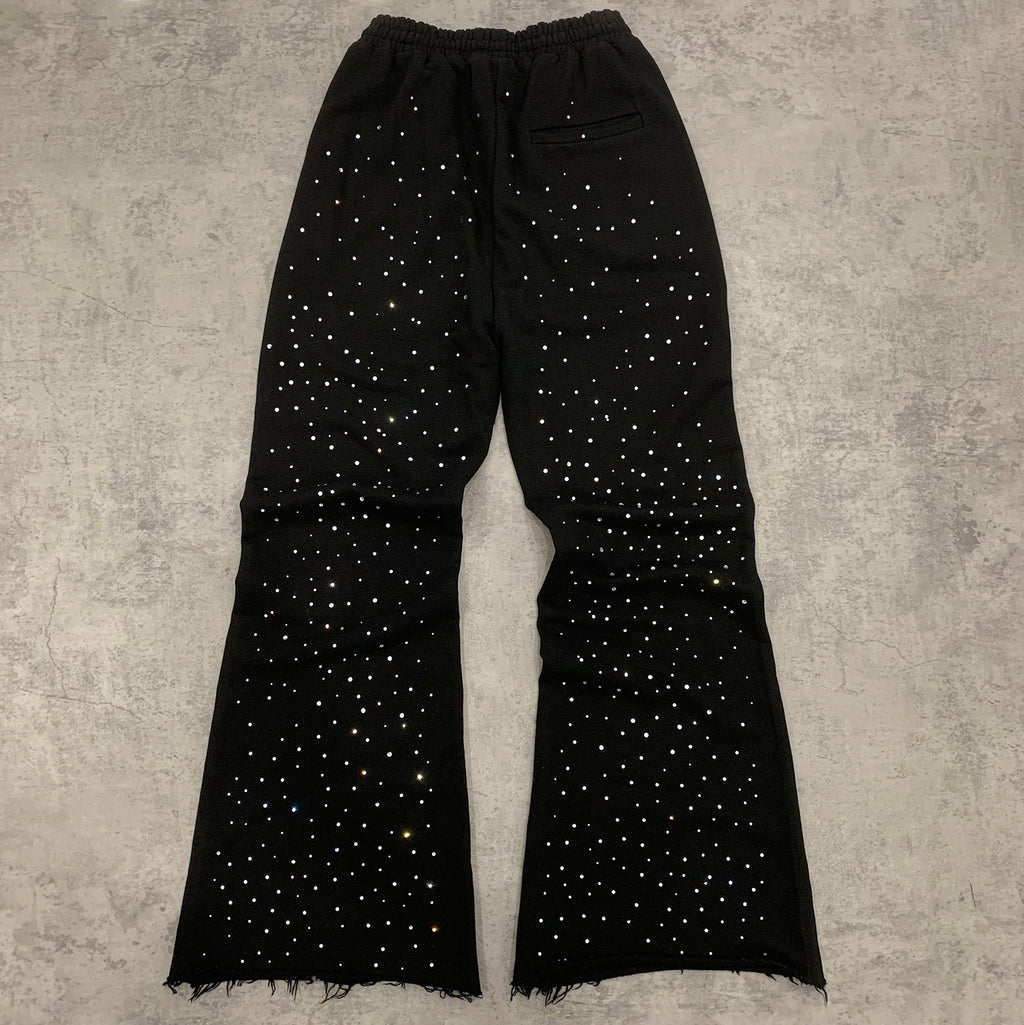 Custom Men's Black Flared Raw Hem Sweatpants With Over All Rhinestone