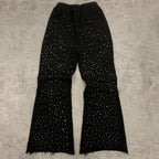 Custom Men's Black Flared Raw Hem Sweatpants With Over All Rhinestone