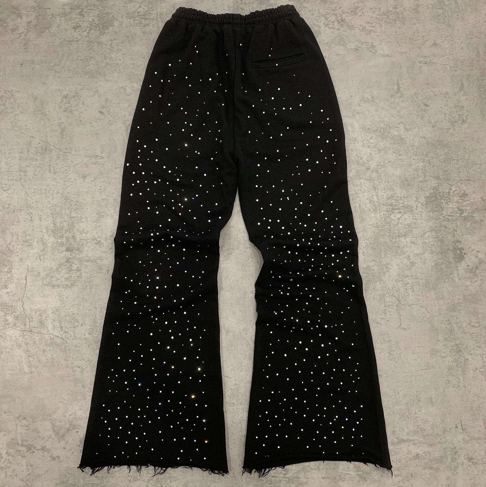 Custom Men's Black Flared Raw Hem Sweatpants With Over All Rhinestone