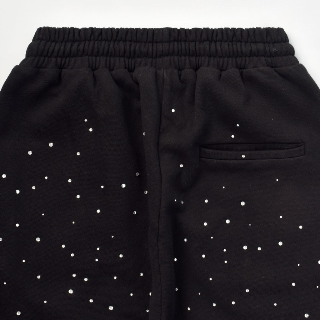 Custom Men's Black Flared Raw Hem Sweatpants With Over All Rhinestone