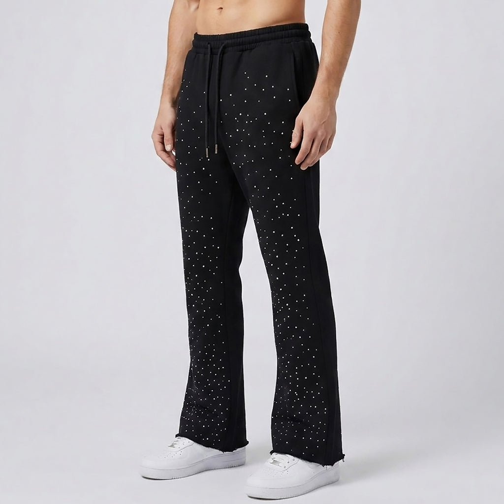 Custom Men's Black Flared Raw Hem Sweatpants With Over All Rhinestone