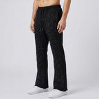 Custom Men's Black Flared Raw Hem Sweatpants With Over All Rhinestone