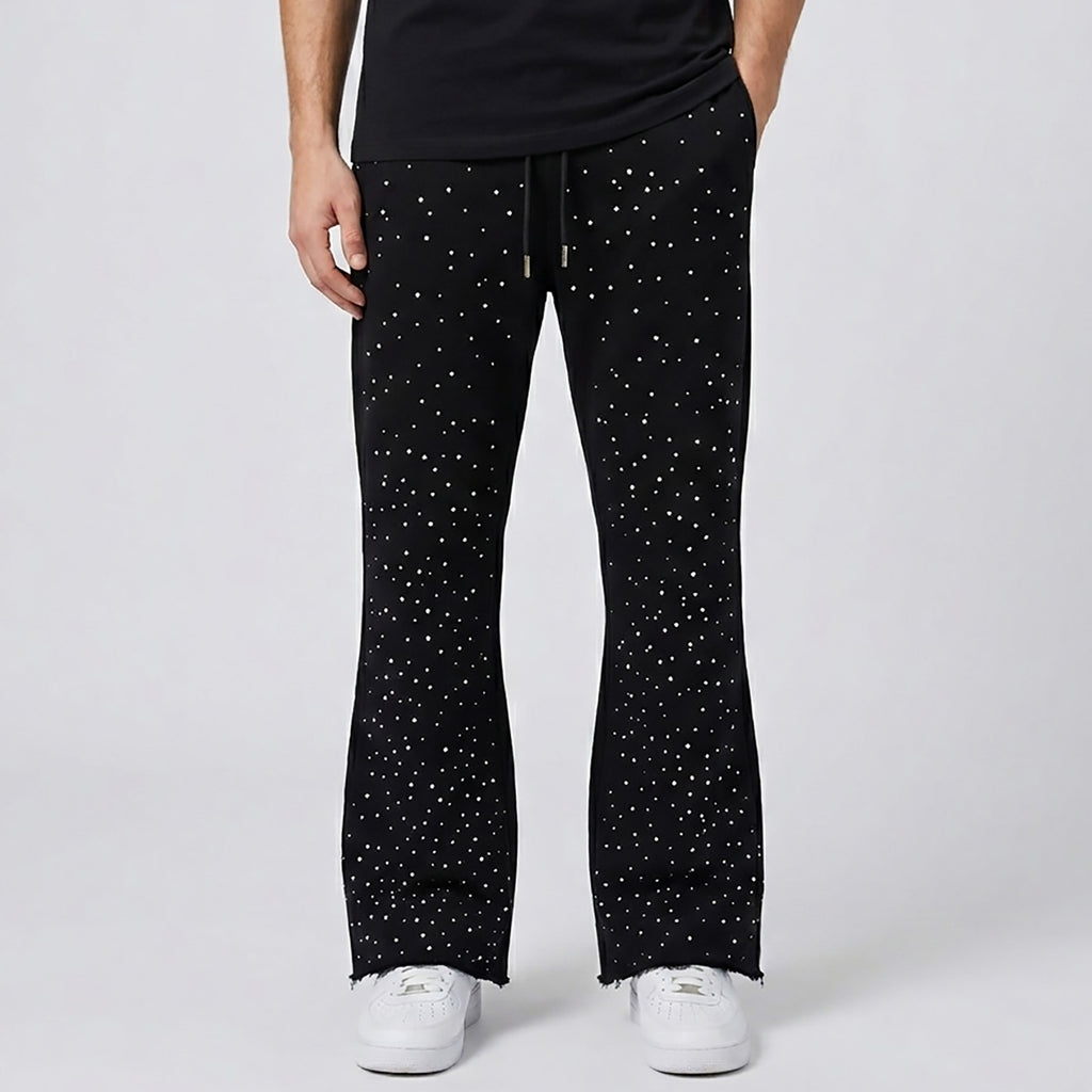 Custom Men's Black Flared Raw Hem Sweatpants With Over All Rhinestone