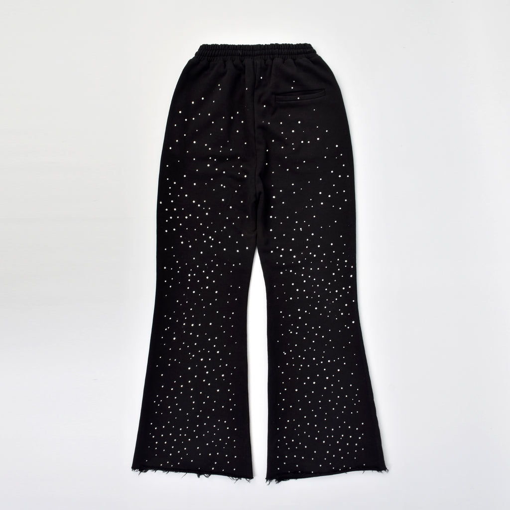 Custom Men's Black Flared Raw Hem Sweatpants With Over All Rhinestone