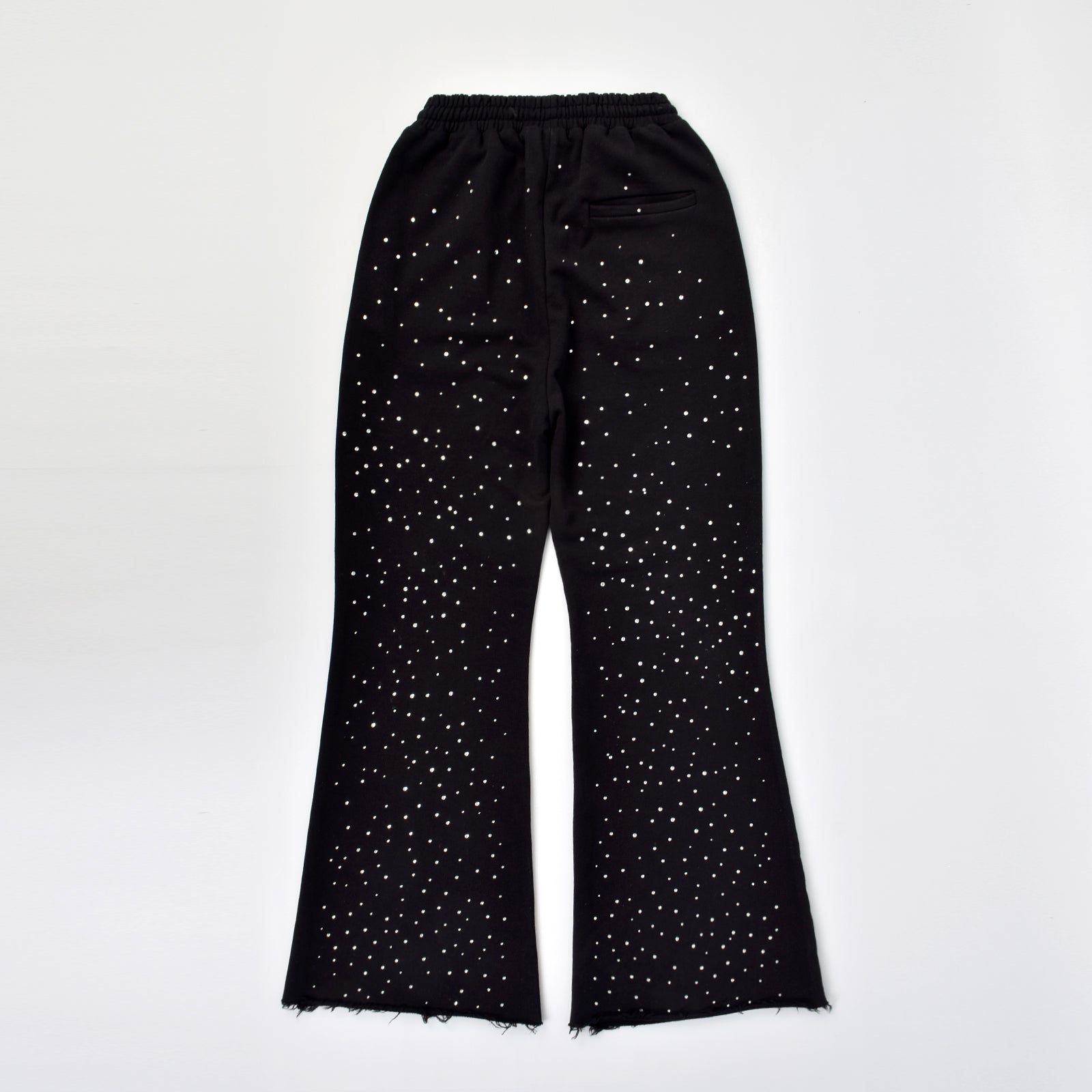 Custom Men's Black Flared Raw Hem Sweatpants With Over All Rhinestone