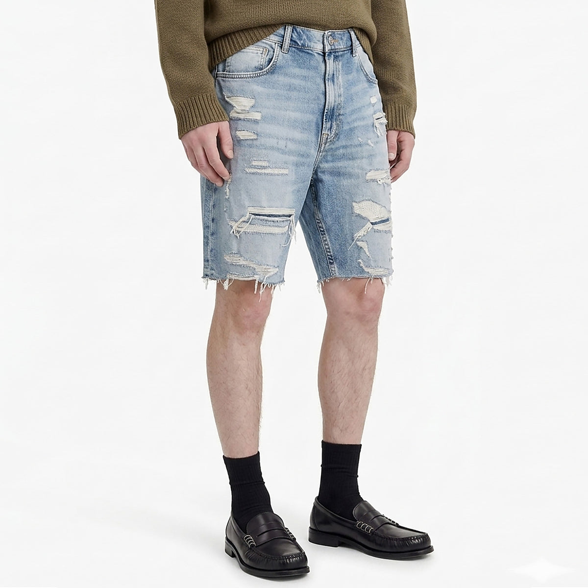 Custom Men's Distressed Blue Jeans Shorts With Vintage Washed
