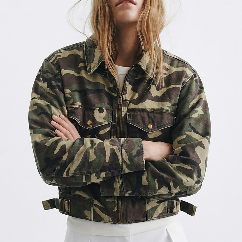 Custom Women's Zip-up Camo Camouflage Denim Jacket