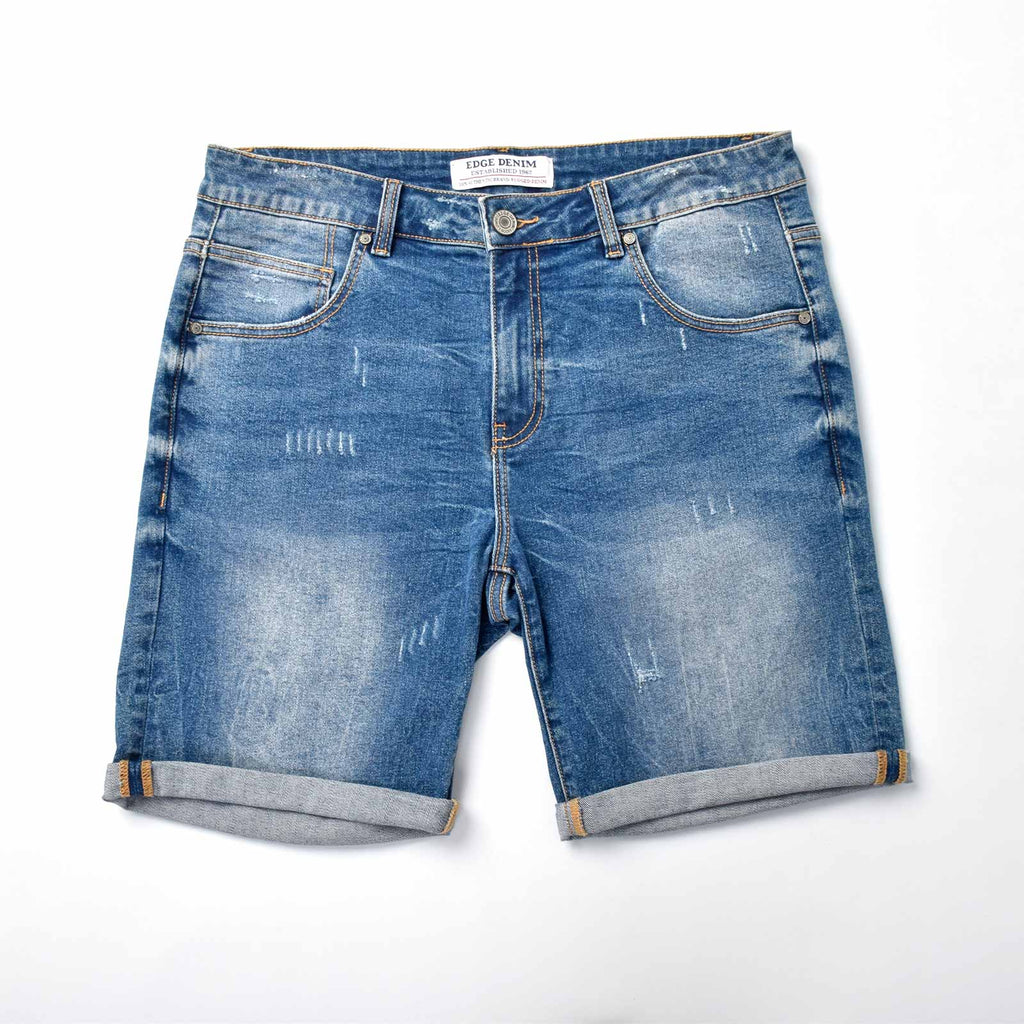 Custom Men's Elastic Indigo Blue Jeans Shorts With Distressed
