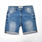 Custom Men's Elastic Indigo Blue Jeans Shorts With Distressed