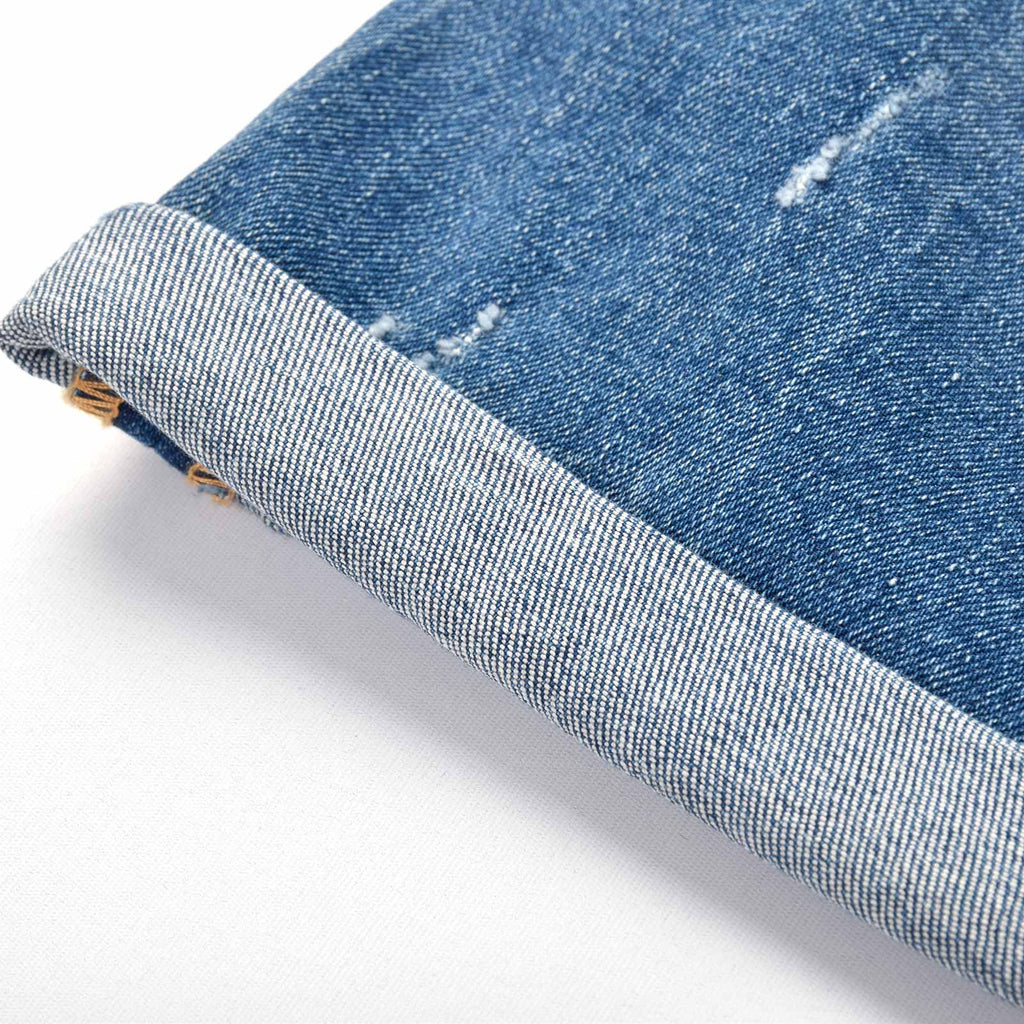 Custom Men's Elastic Indigo Blue Jeans Shorts With Distressed