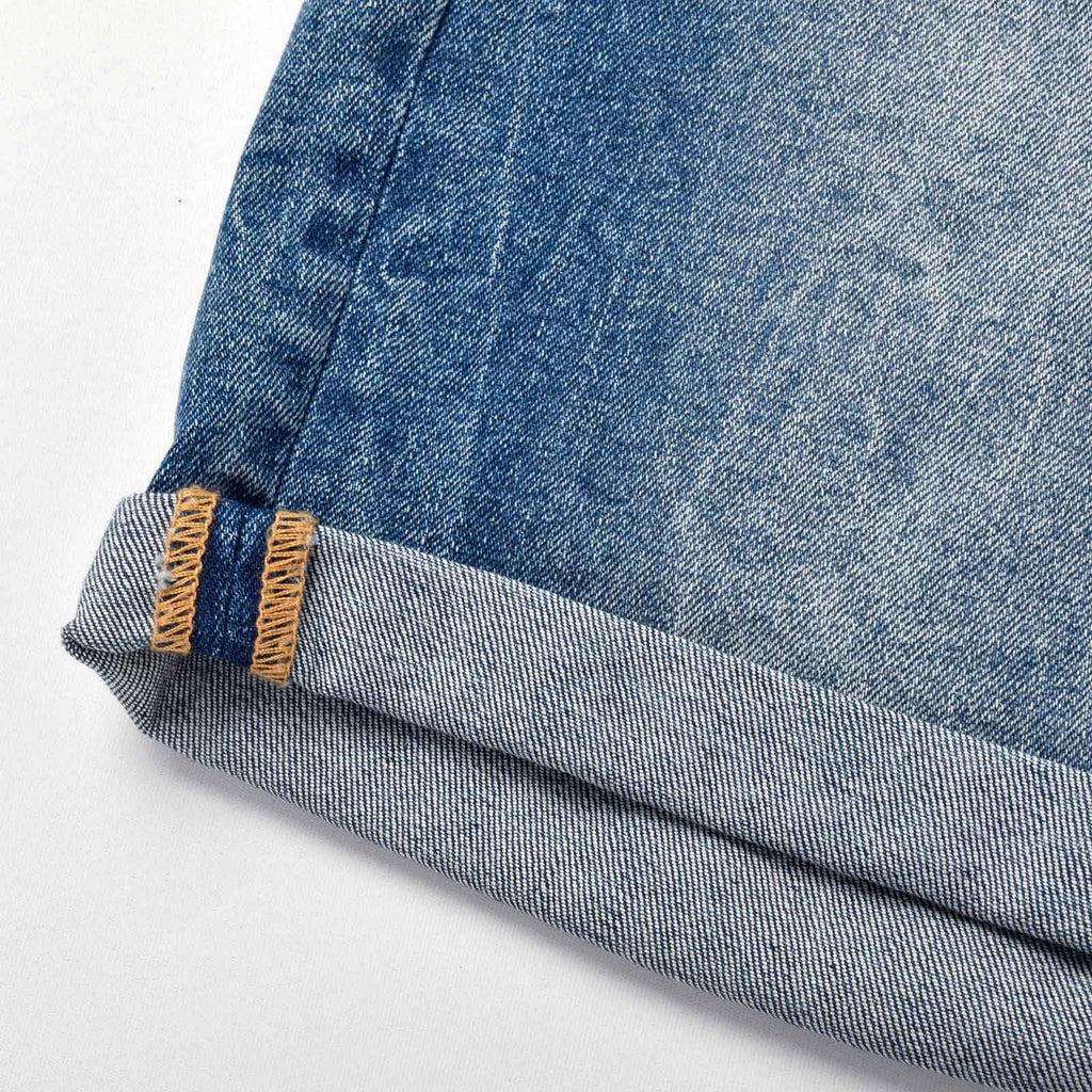 Custom Men's Elastic Indigo Blue Jeans Shorts With Distressed