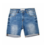 Custom Men's Elastic Indigo Blue Jeans Shorts With Distressed