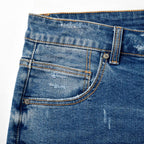 Custom Men's Elastic Indigo Blue Jeans Shorts With Distressed