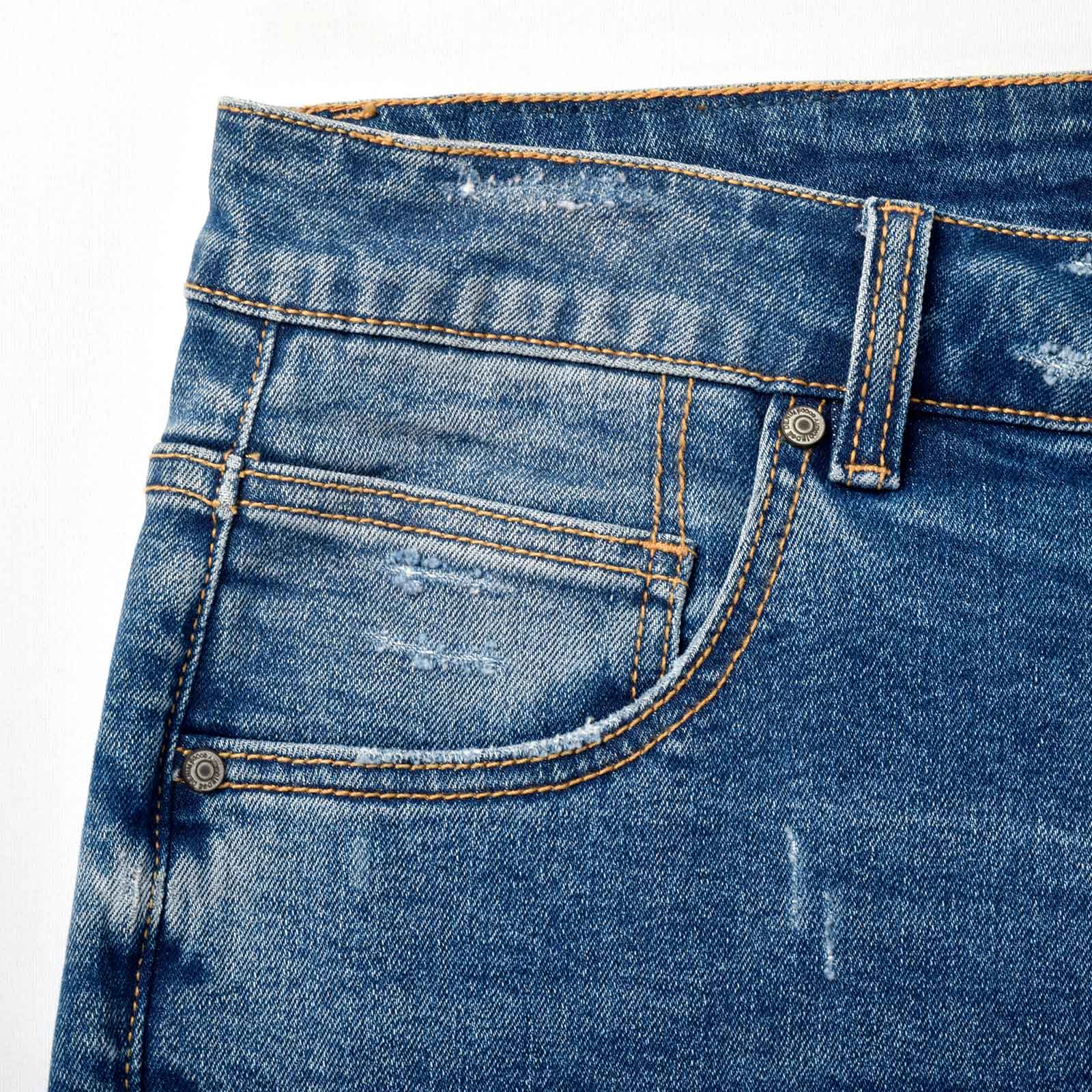 Custom Men's Elastic Indigo Blue Jeans Shorts With Distressed